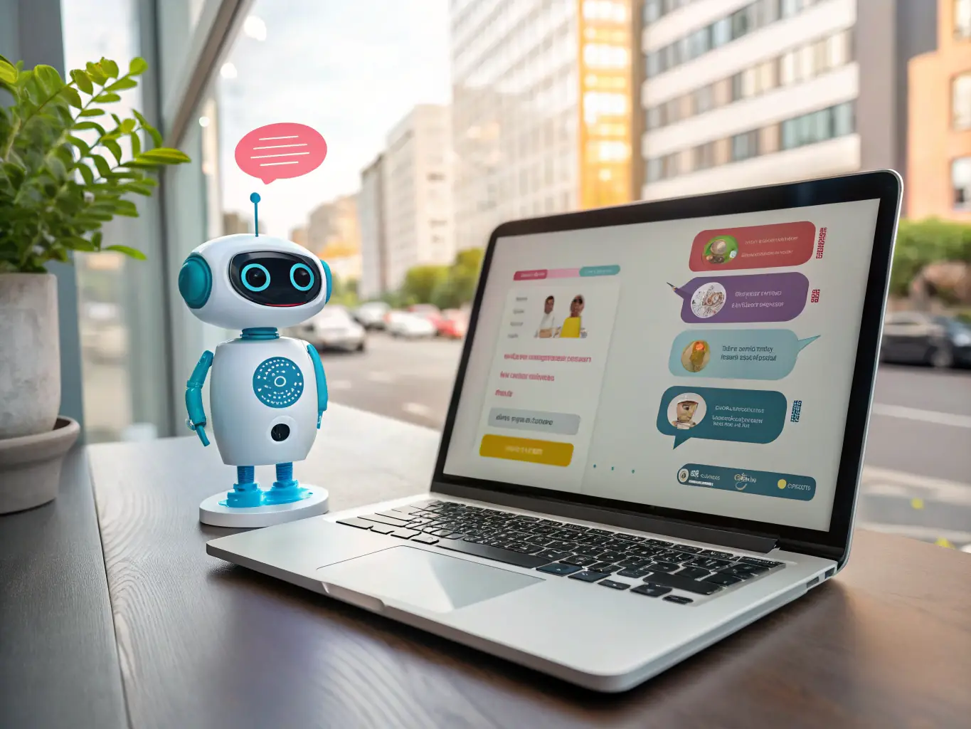 An image illustrating a simplified chatbot building process with drag-and-drop components, emphasizing the ease of use and no-code nature of AINECST.